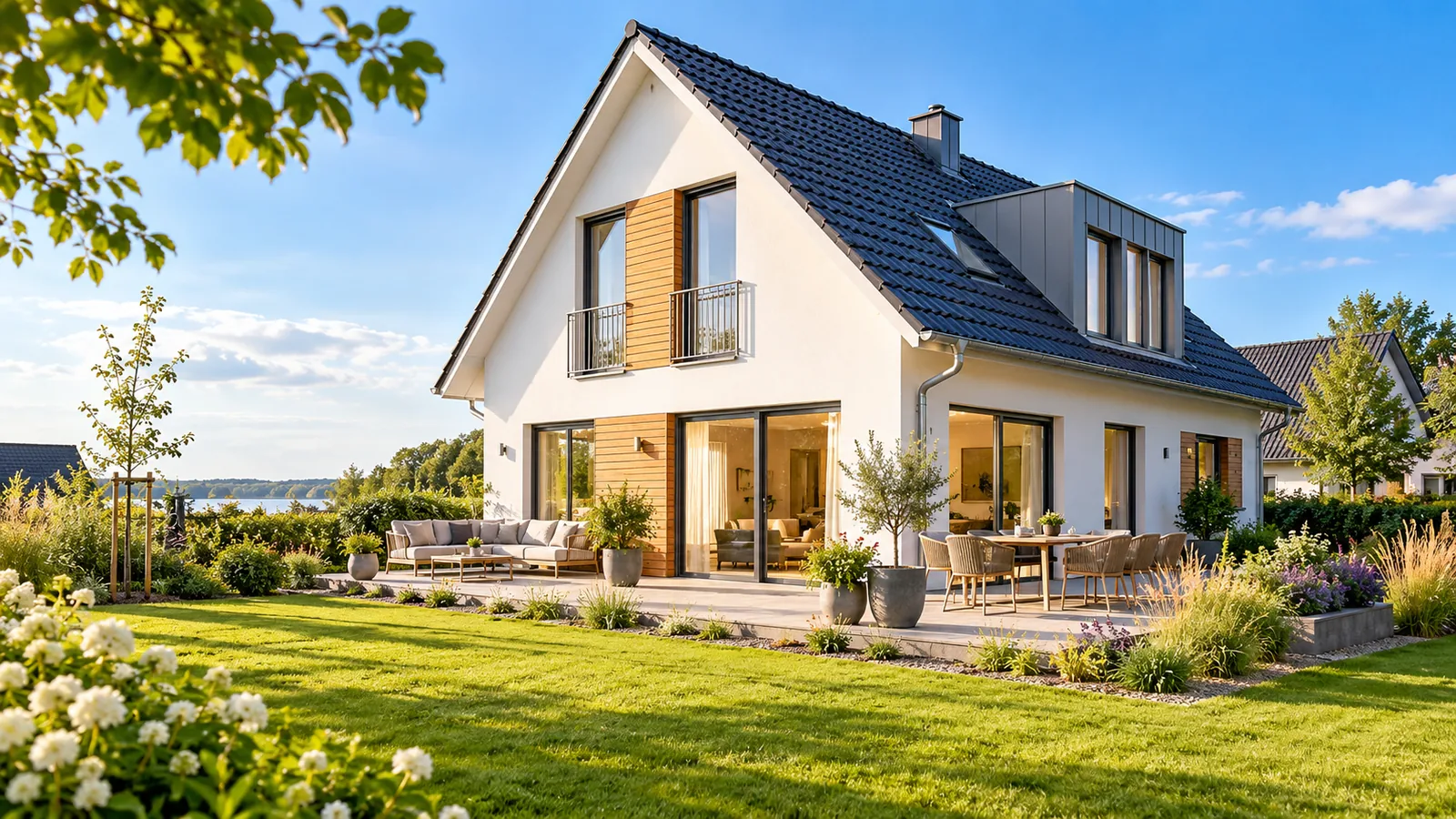 Modernes Einfamilienhaus mit Garten und Terrasse – Beispielmotiv