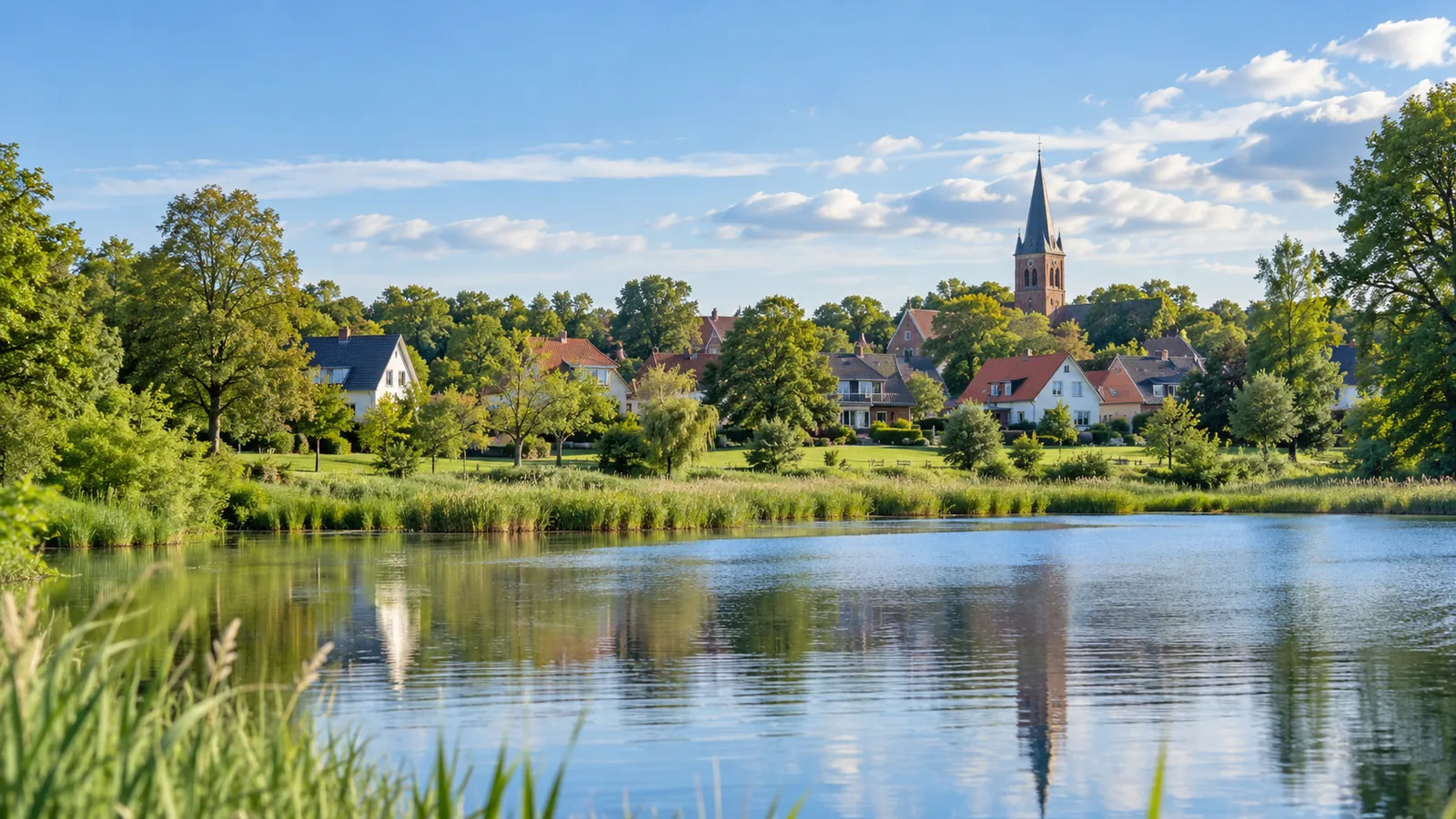 Symbolische Darstellung eines grünen Wohnorts mit Häusern und Wasser, keine Ortsfotografie