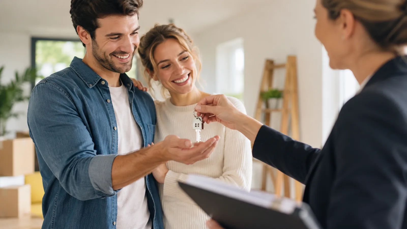 Illustrative Schlüsselübergabe an ein Paar nach dem Immobilienkauf